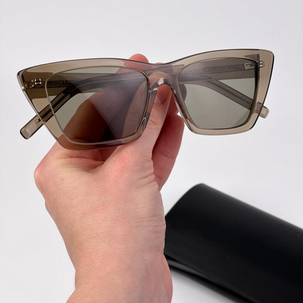 Saint Laurent SL276 MICA 043 Cat Eye Sunglasses – Transparent Brown Frame Grey